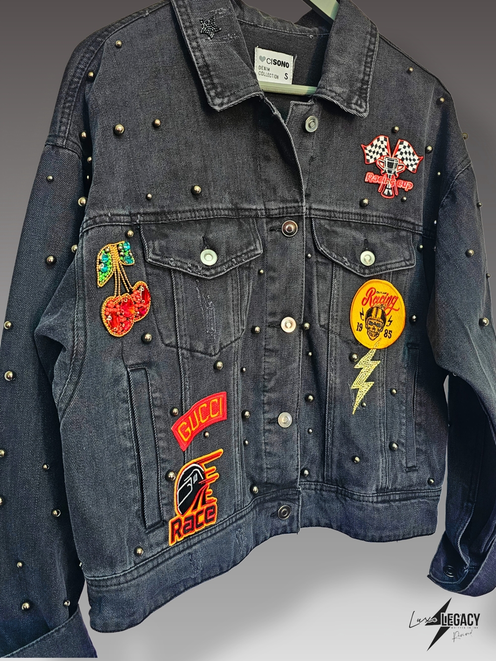 Custom Black Studded Denim Jacket With Patches